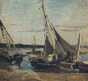 camille corot Trouville Fishing Boats Stranded in the Channel (mk40) Spain oil painting artist